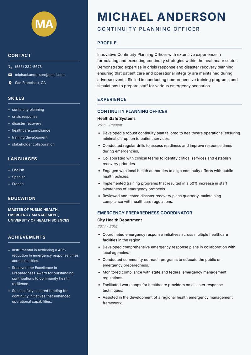Continuity Planning Officer resume template — Classic Clean