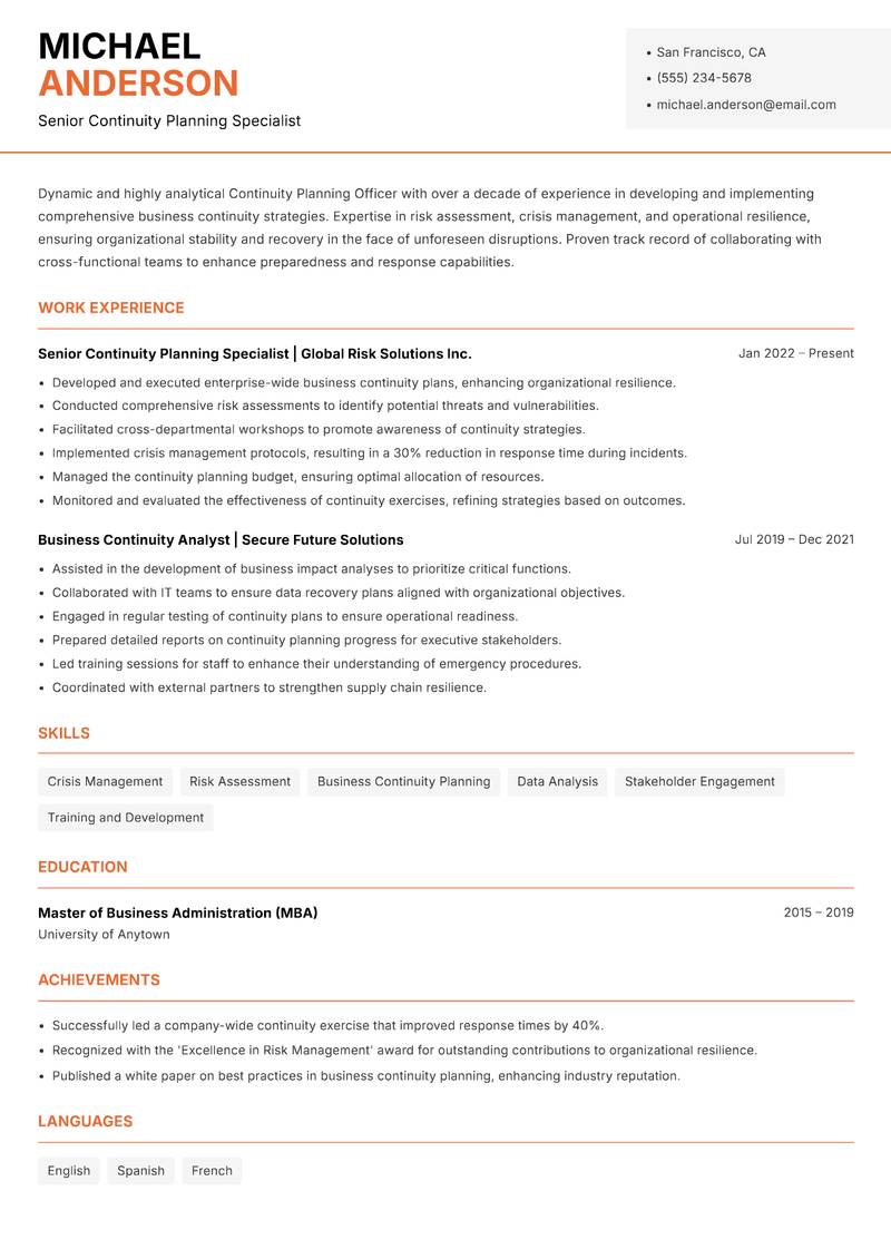 Continuity Planning Officer resume template — Modern Professional