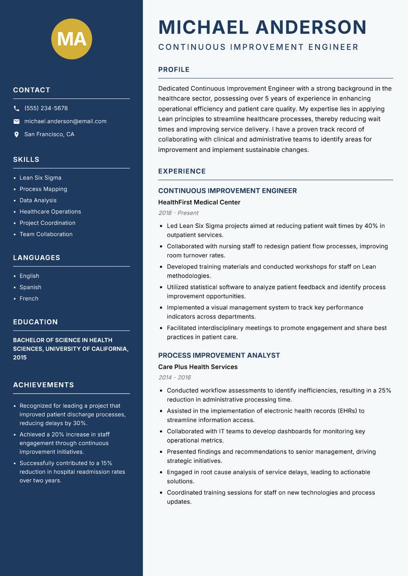 Continuous Improvement Engineer resume template — Classic Clean