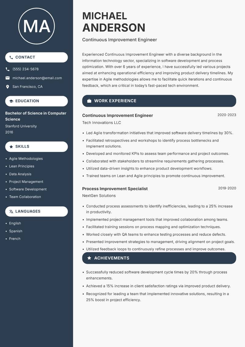 Continuous Improvement Engineer resume template — Compact