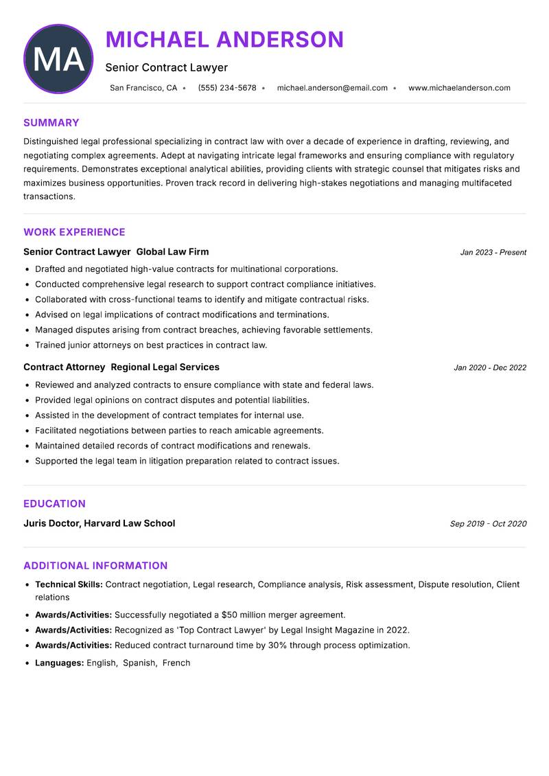 Contract Lawyer resume example — ATS-friendly template