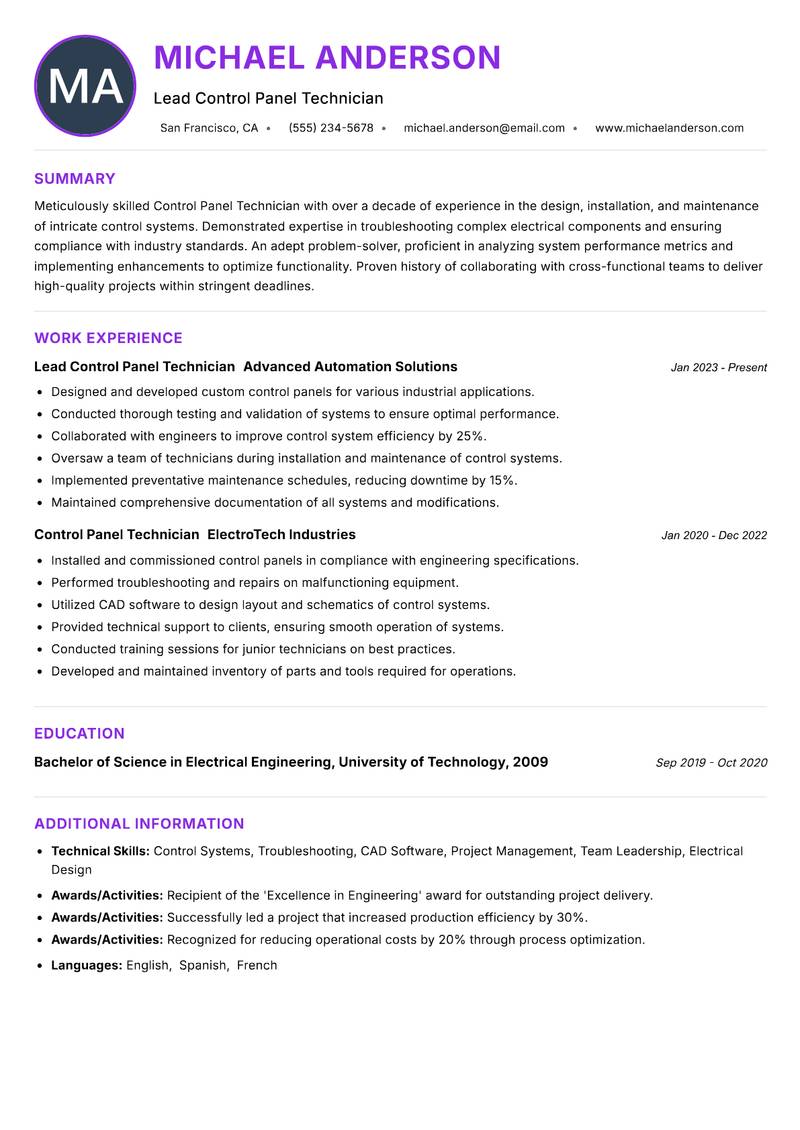 Control Panel Technician resume example — ATS-friendly template