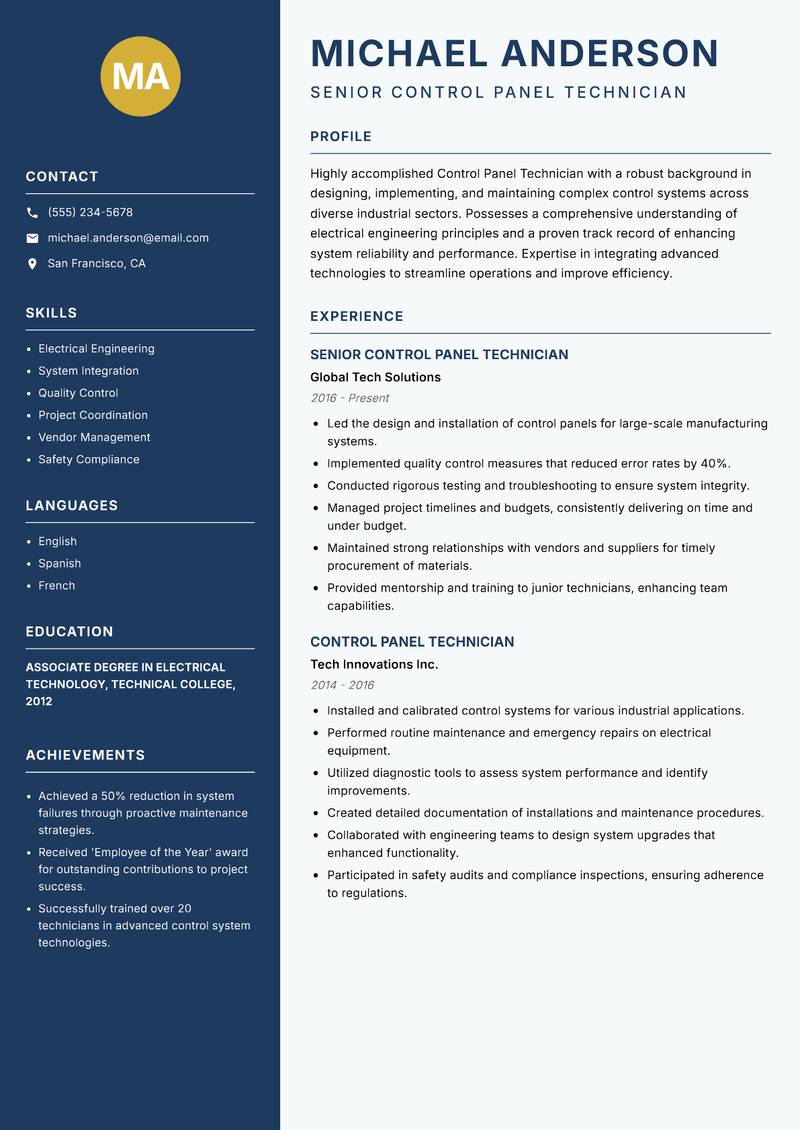 Control Panel Technician resume template — Classic Clean