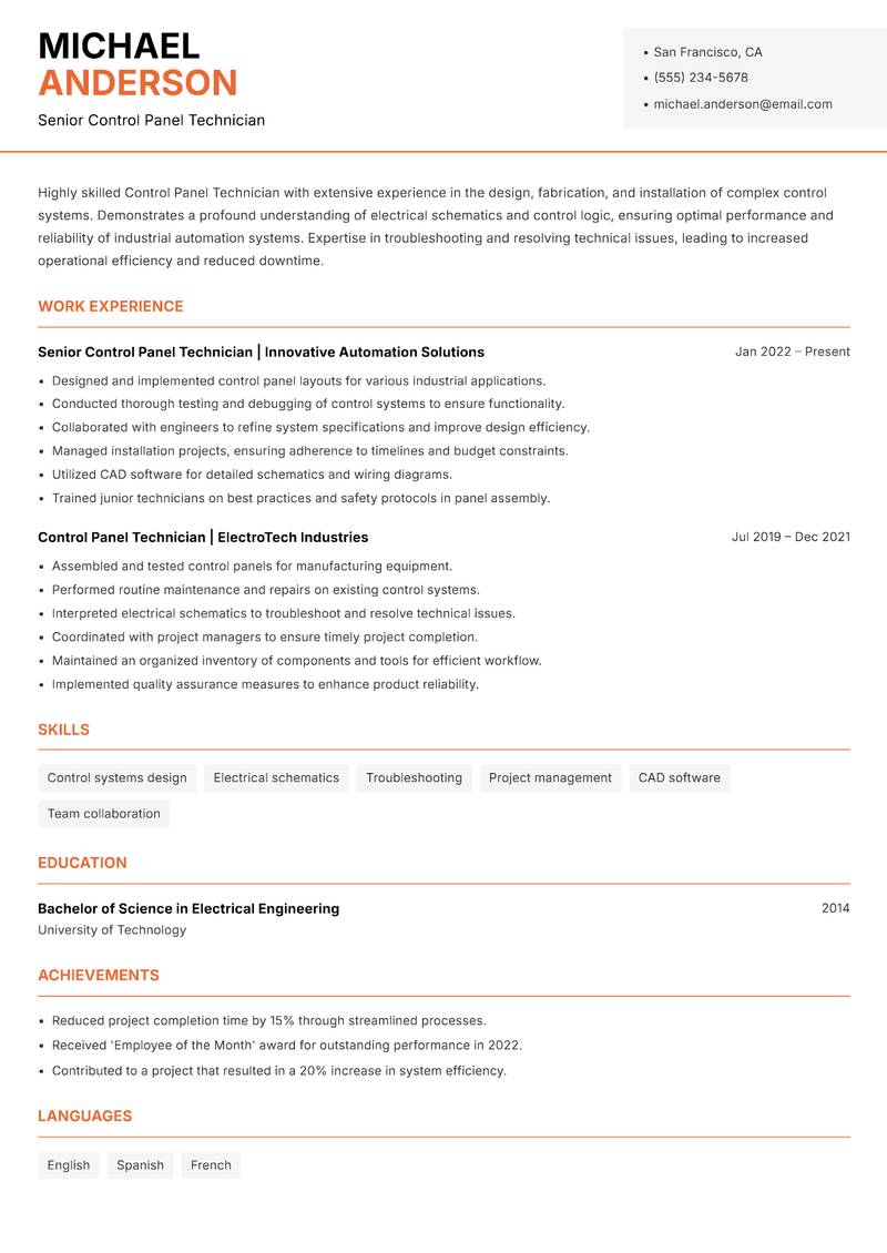 Control Panel Technician resume template — Modern Professional