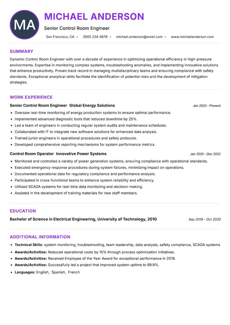 Control Room Engineer resume example — ATS-friendly template