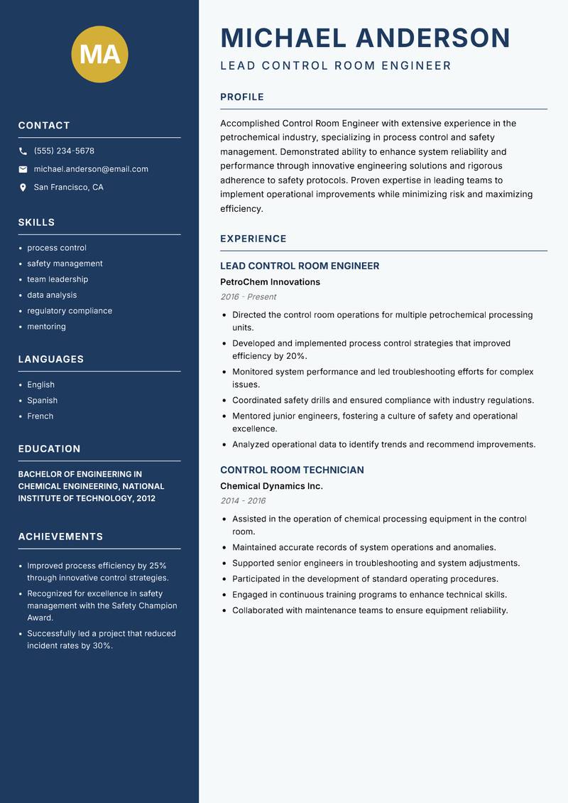 Control Room Engineer resume template — Classic Clean