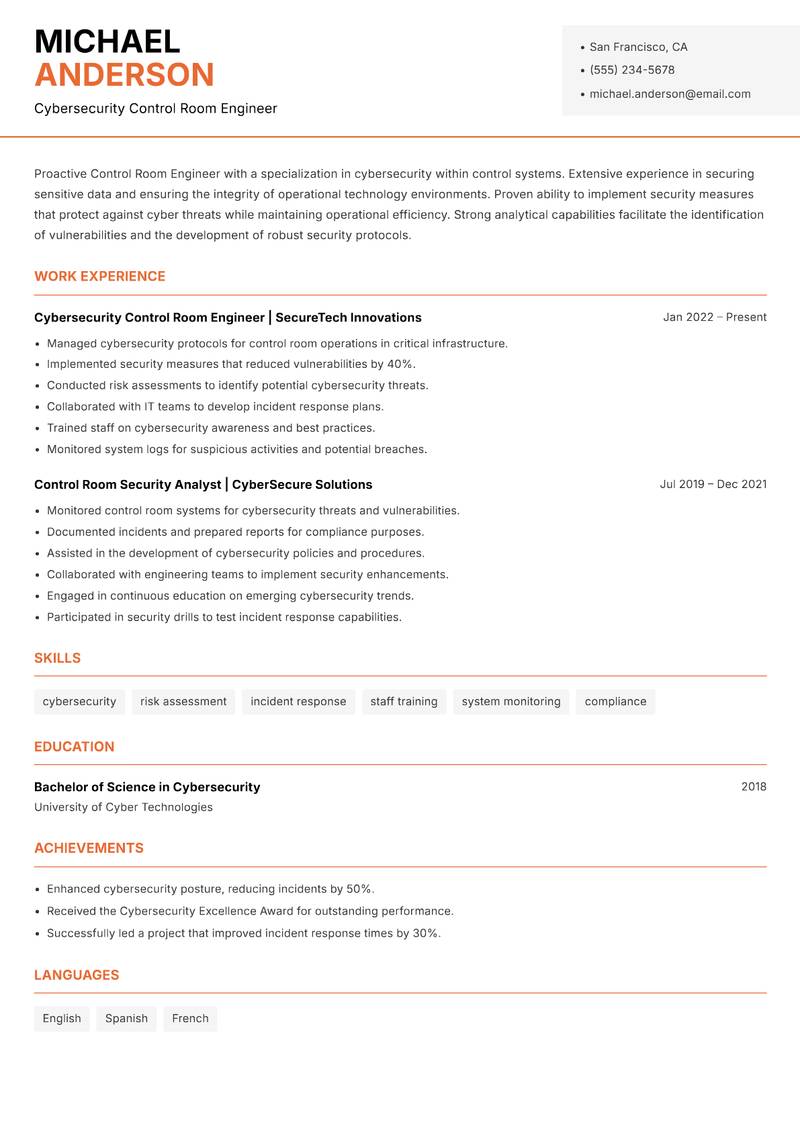 Control Room Engineer resume template — Modern Professional