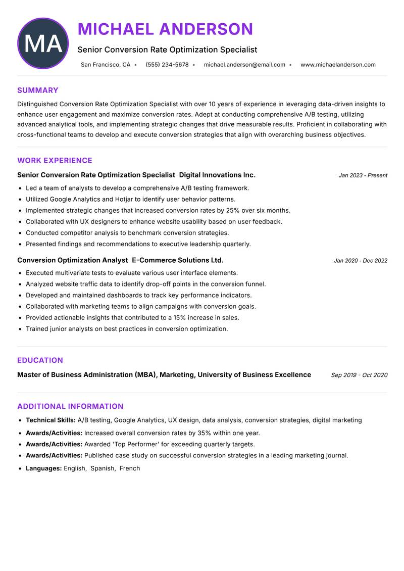 Conversion Rate Optimization Specialist resume example — ATS-friendly template