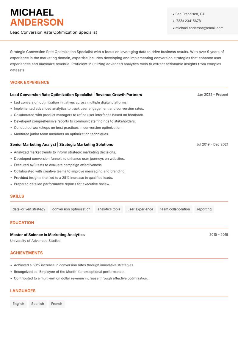 Conversion Rate Optimization Specialist resume template — Modern Professional