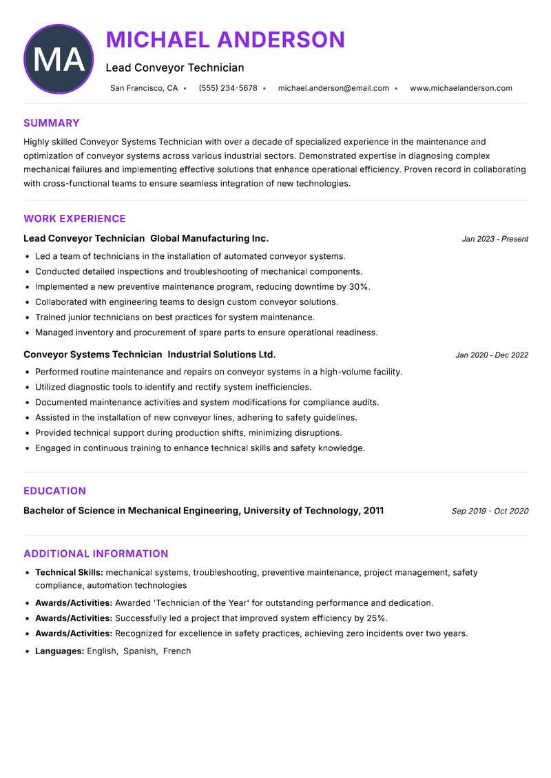 Conveyor Systems Technician resume example — ATS-friendly template