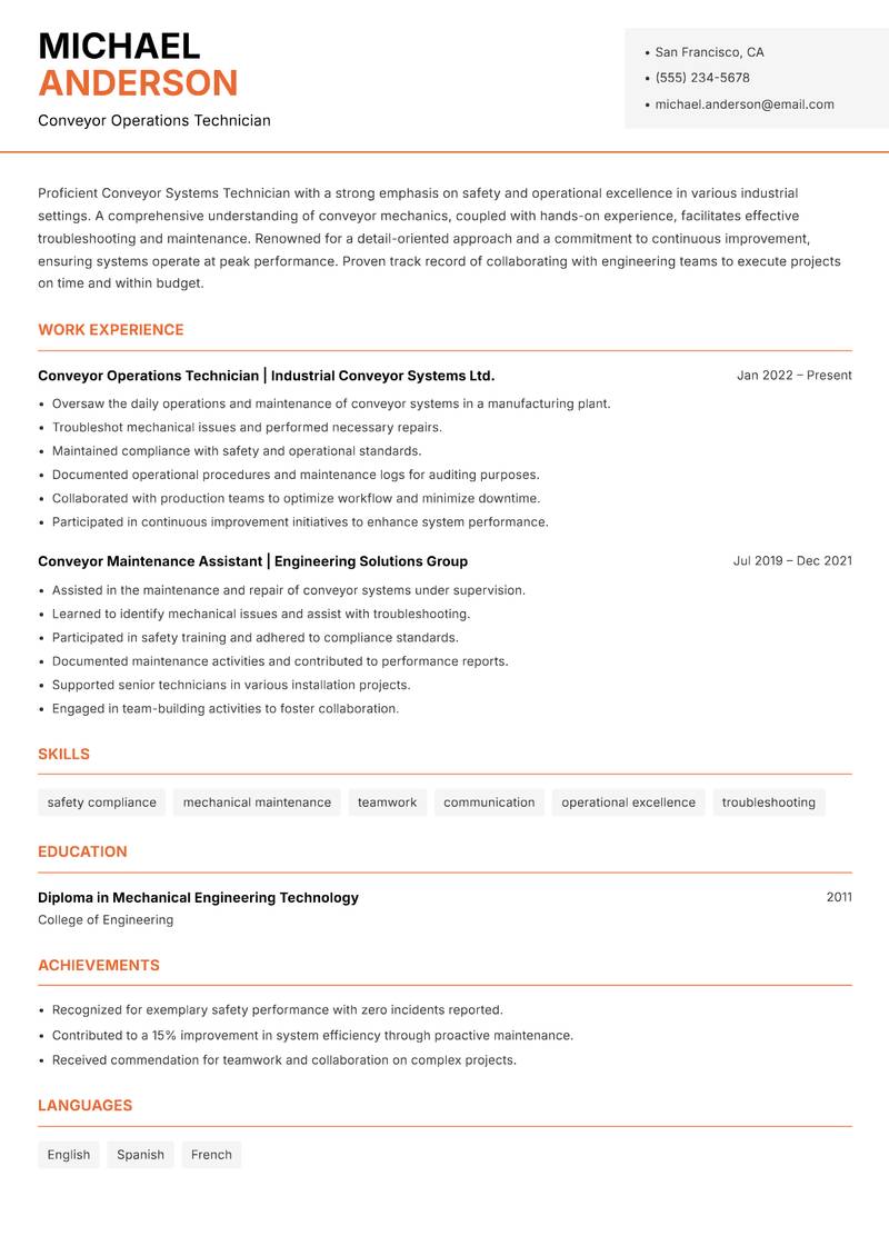 Conveyor Systems Technician resume template — Modern Professional