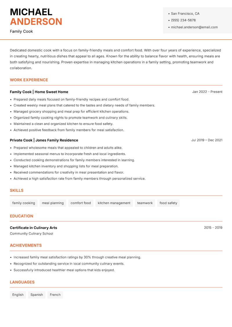 Cook Domestic resume template — Modern Professional