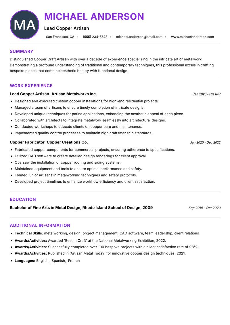 Copper Craft Artisan resume example — ATS-friendly template