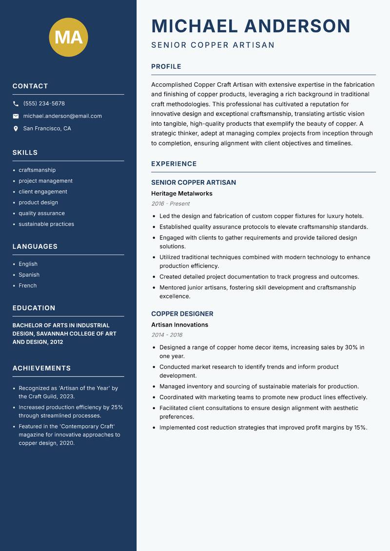 Copper Craft Artisan resume template — Classic Clean