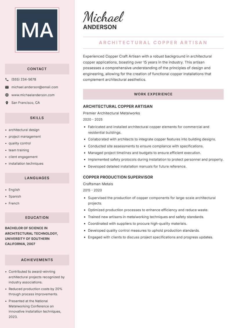 Copper Craft Artisan resume template — Executive