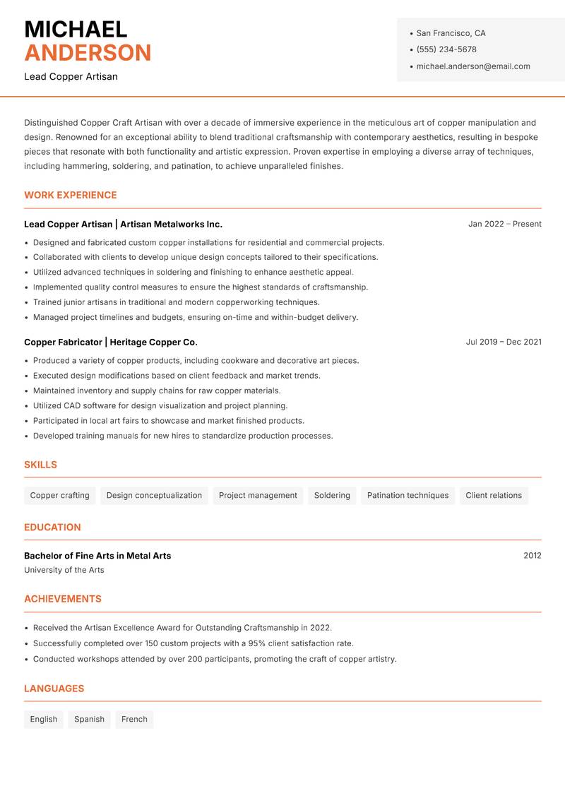 Copper Craft Artisan resume template — Modern Professional
