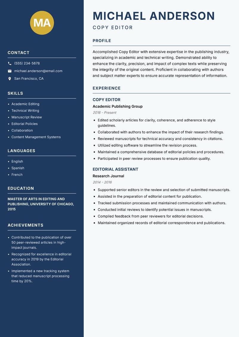 Copy Editor resume template — Classic Clean