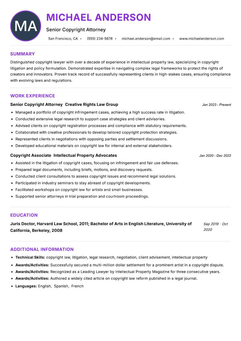 Copyright Lawyer resume example — ATS-friendly template