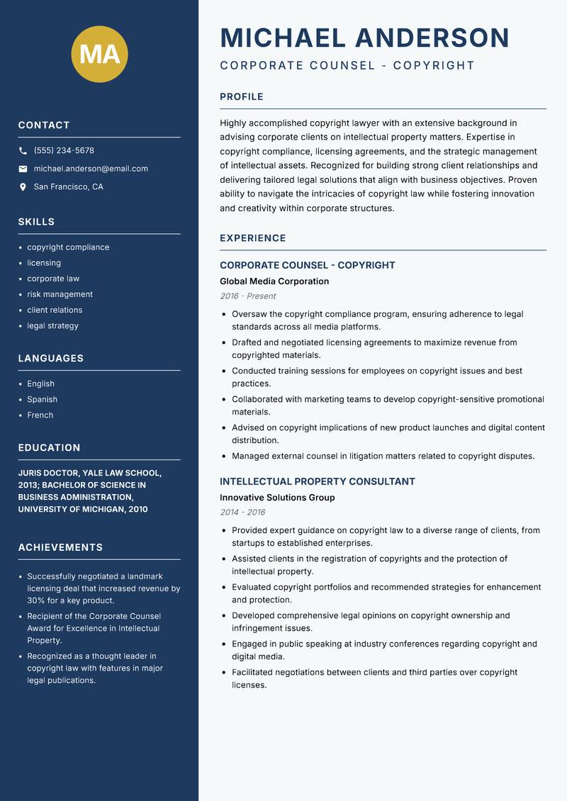 Copyright Lawyer resume template — Classic Clean