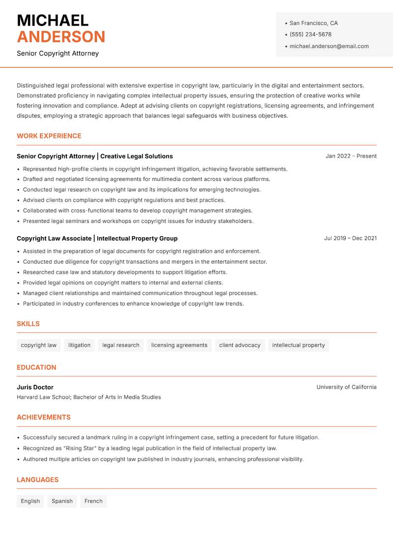 Copyright Lawyer resume template — Modern Professional