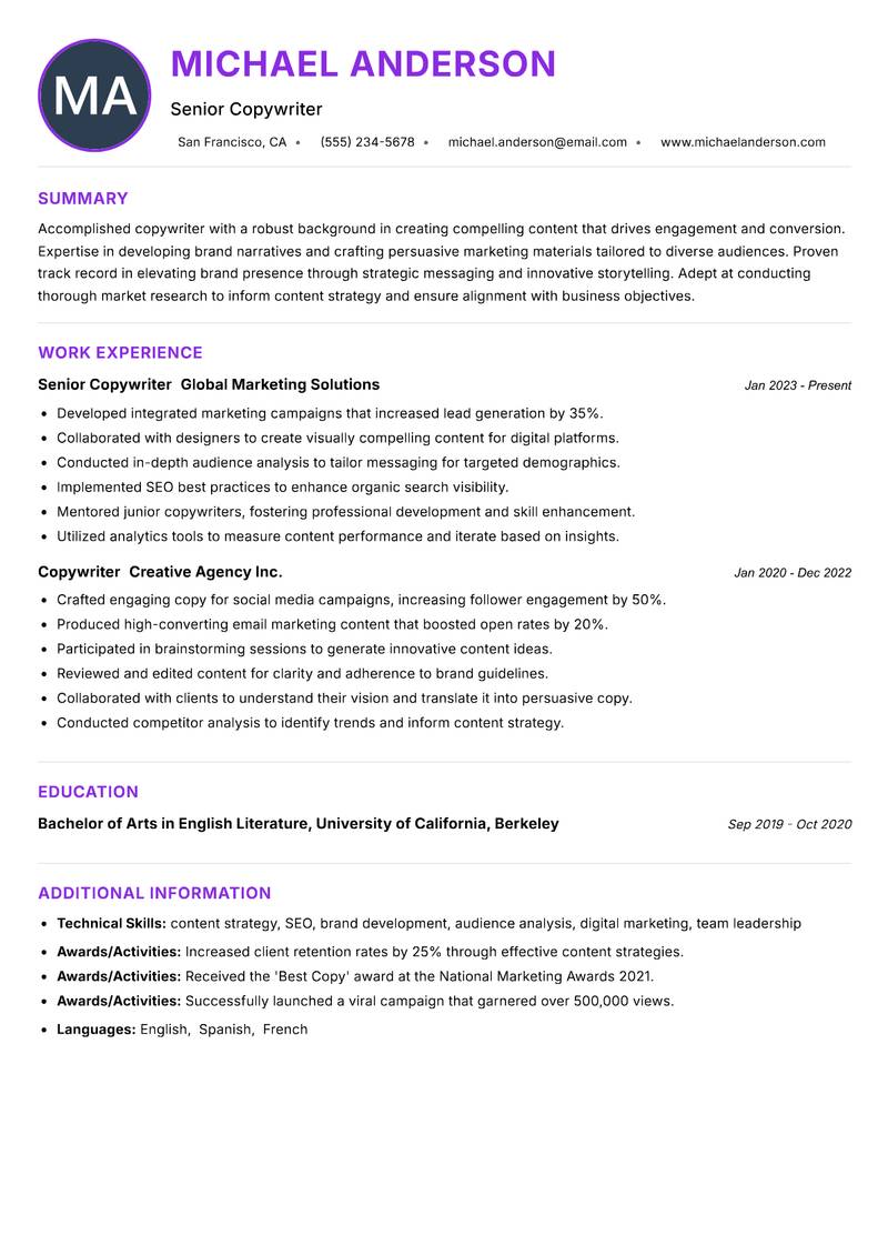 Copywriter resume example — ATS-friendly template
