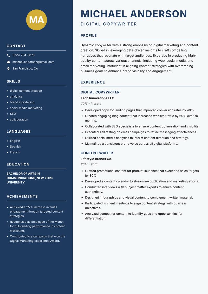 Copywriter resume template — Classic Clean