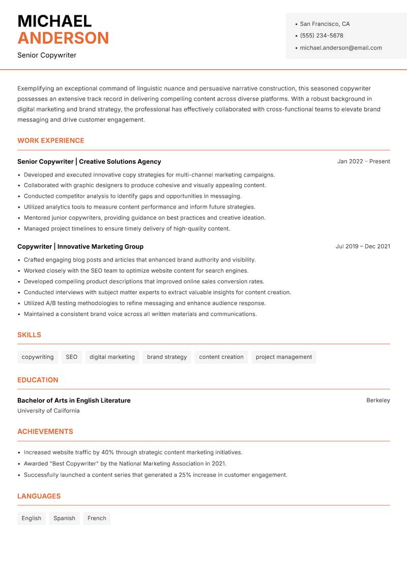 Copywriter resume template — Modern Professional