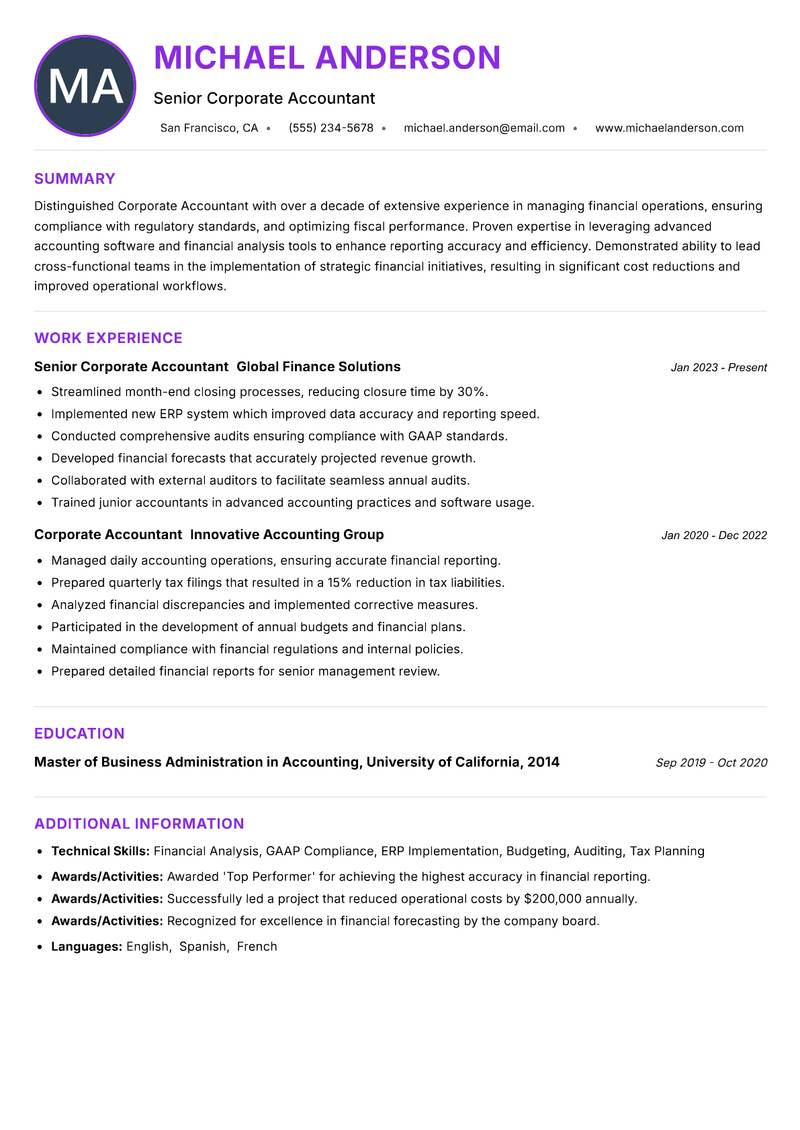 Corporate Accountant resume example — ATS-friendly template