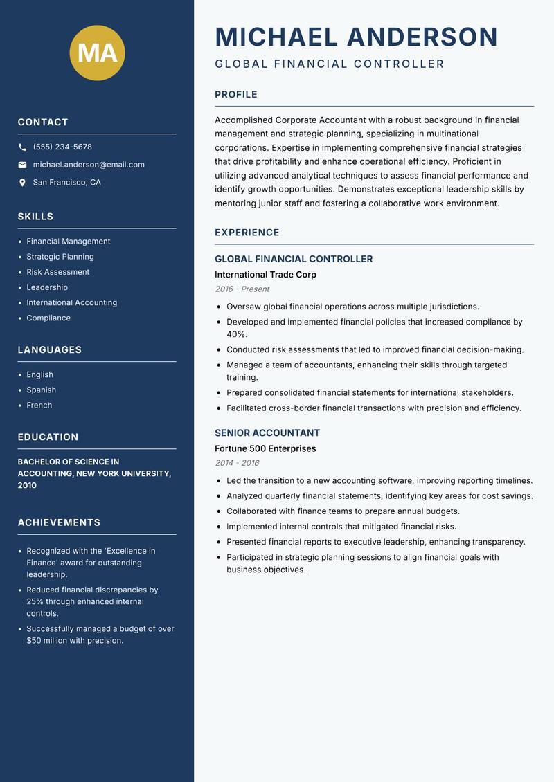 Corporate Accountant resume template — Classic Clean