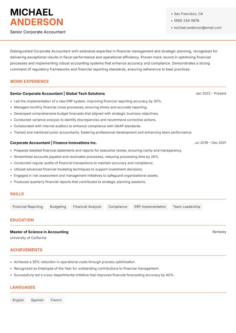 Corporate Accountant resume template — Modern Professional