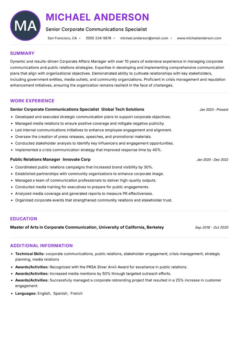 Corporate Affairs Manager resume example — ATS-friendly template