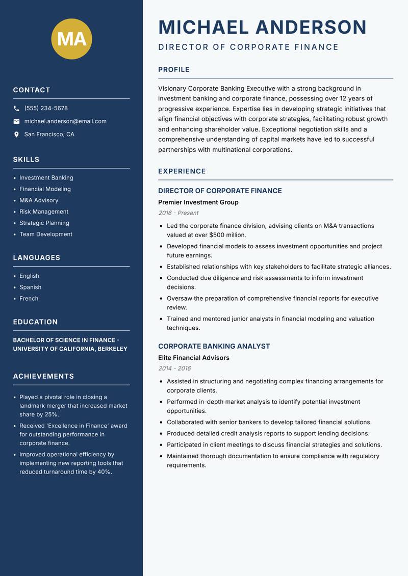 Corporate Banking Executive resume template — Classic Clean