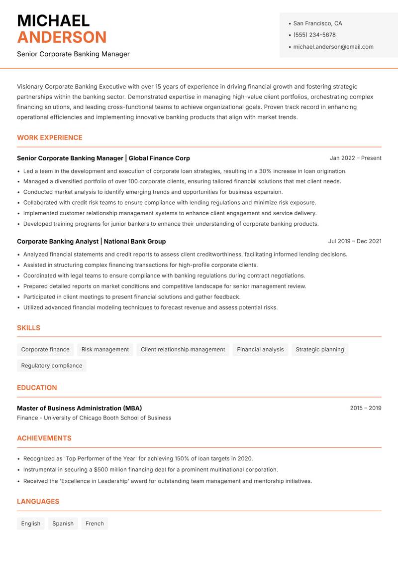 Corporate Banking Executive resume template — Modern Professional