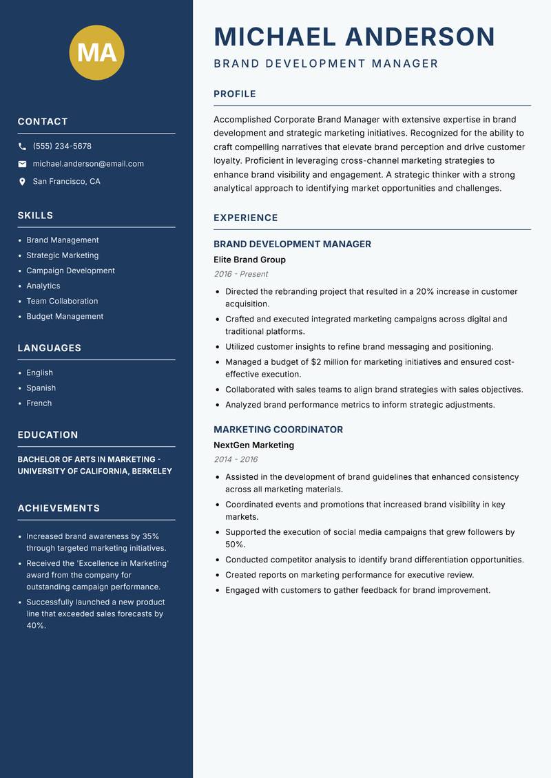 Corporate Brand Manager resume template — Classic Clean