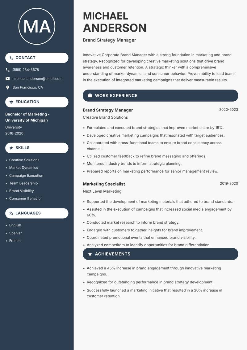 Corporate Brand Manager resume template — Compact