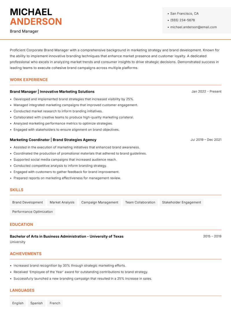 Corporate Brand Manager resume template — Modern Professional