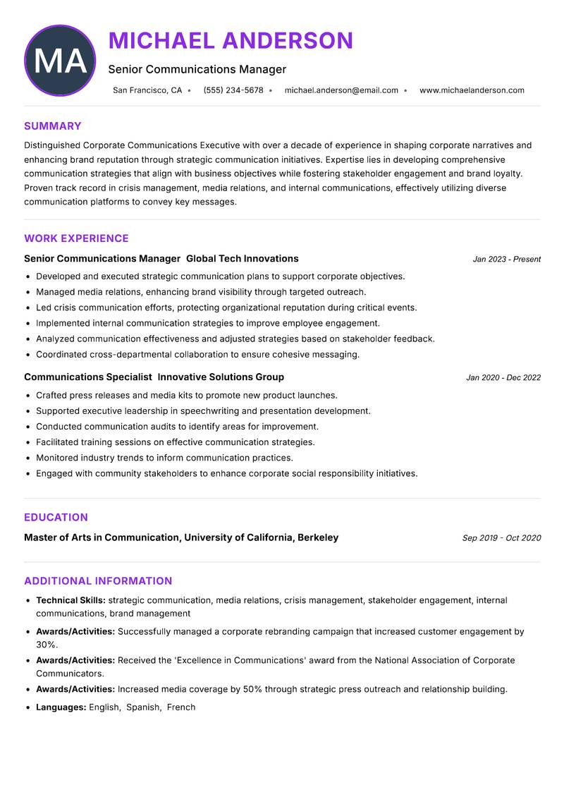 Corporate Communications Executive resume example — ATS-friendly template