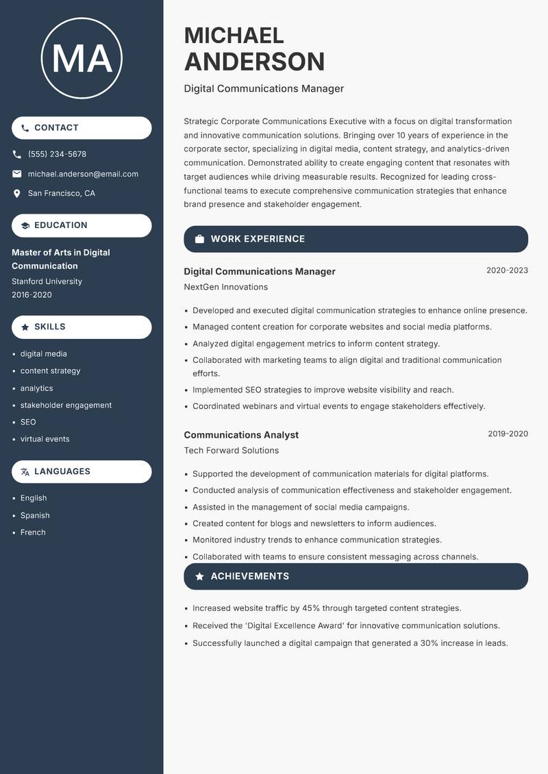 Corporate Communications Executive resume template — Compact