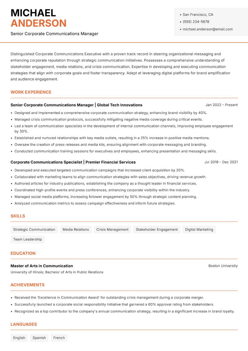 Corporate Communications Executive resume template — Modern Professional