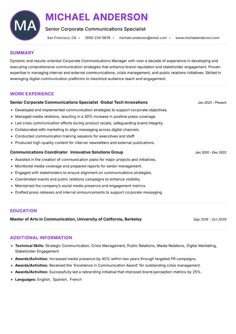 Corporate Communications Manager resume example — ATS-friendly template