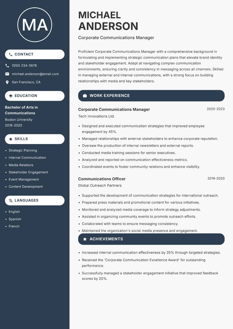 Corporate Communications Manager resume template — Compact