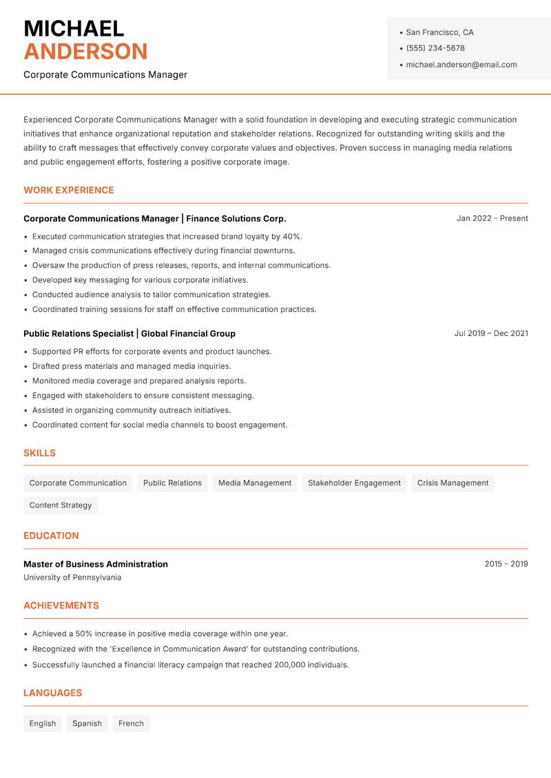 Corporate Communications Manager resume template — Modern Professional