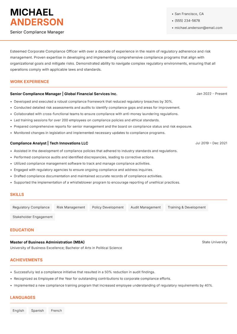 Corporate Compliance Officer resume template — Modern Professional