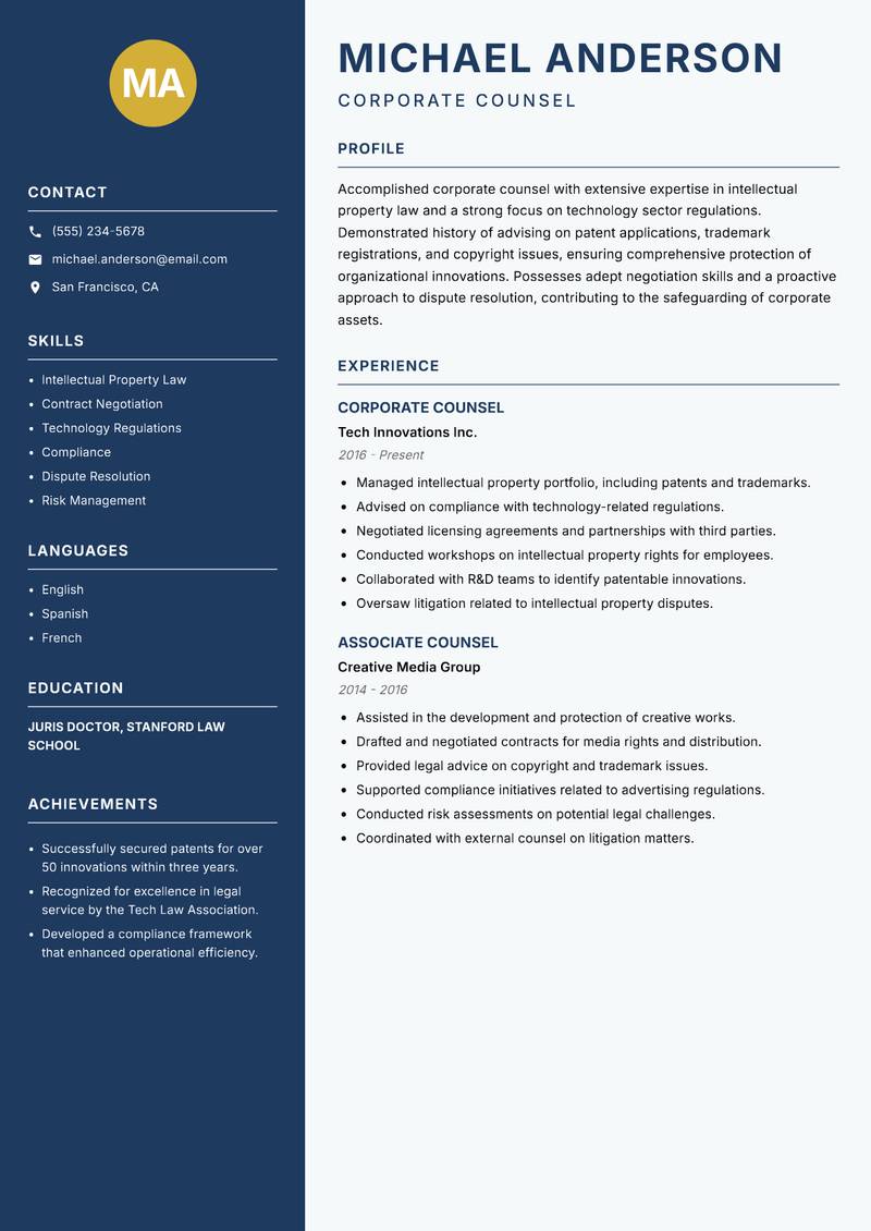 Corporate Counsel resume template — Classic Clean