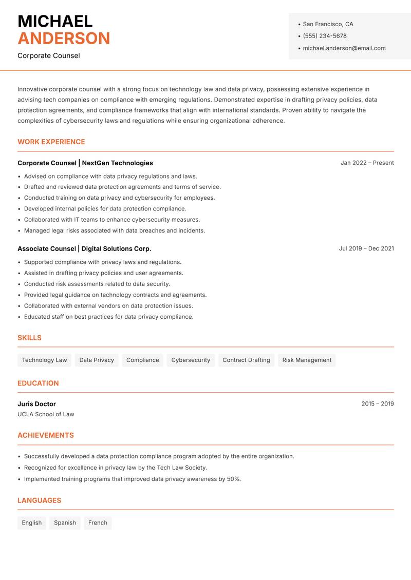 Corporate Counsel resume template — Modern Professional