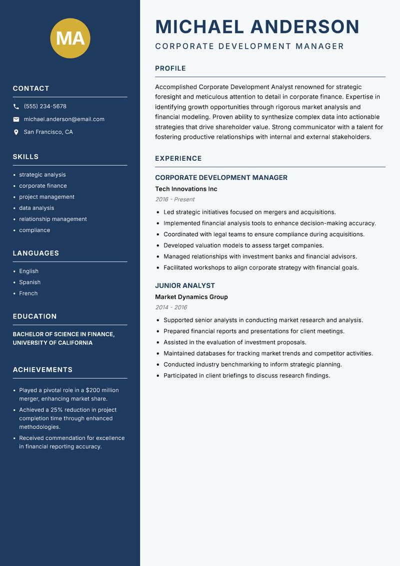 Corporate Development Analyst resume template — Classic Clean