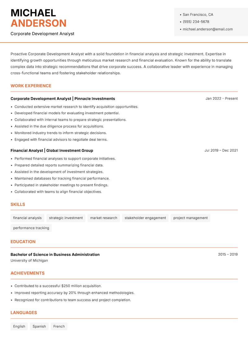 Corporate Development Analyst resume template — Modern Professional