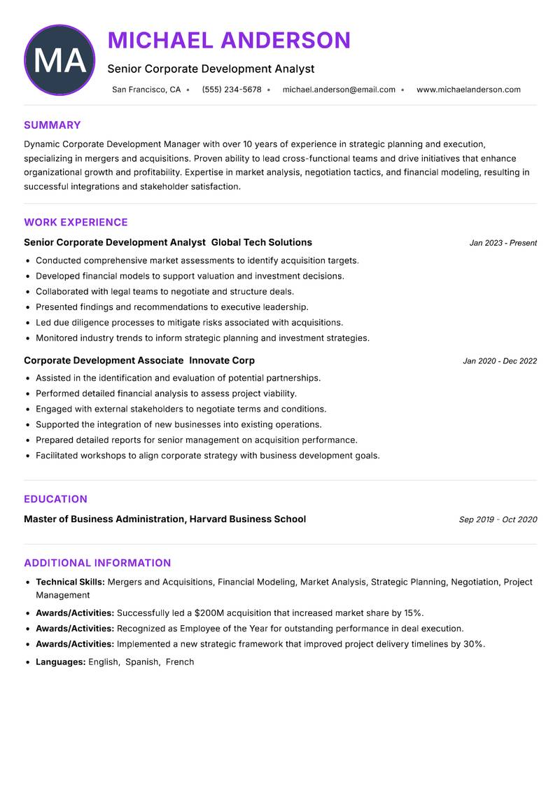 Corporate Development Manager resume example — ATS-friendly template