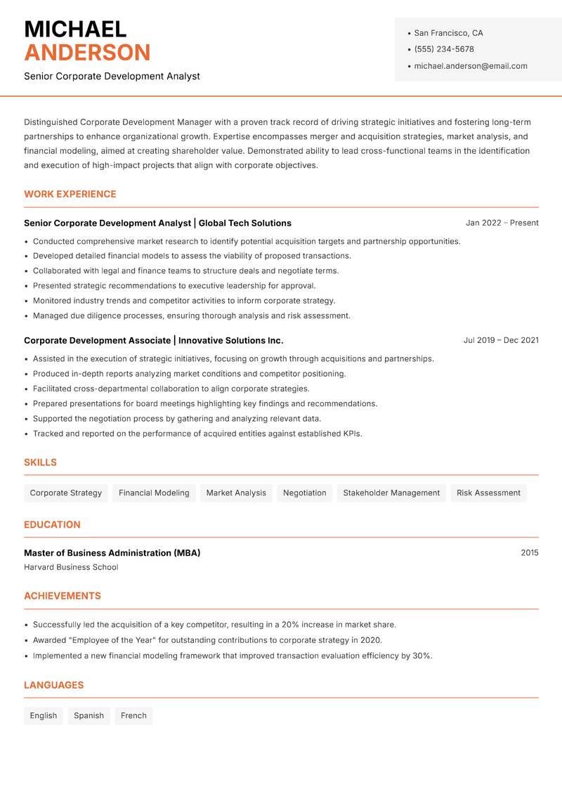 Corporate Development Manager resume template — Modern Professional