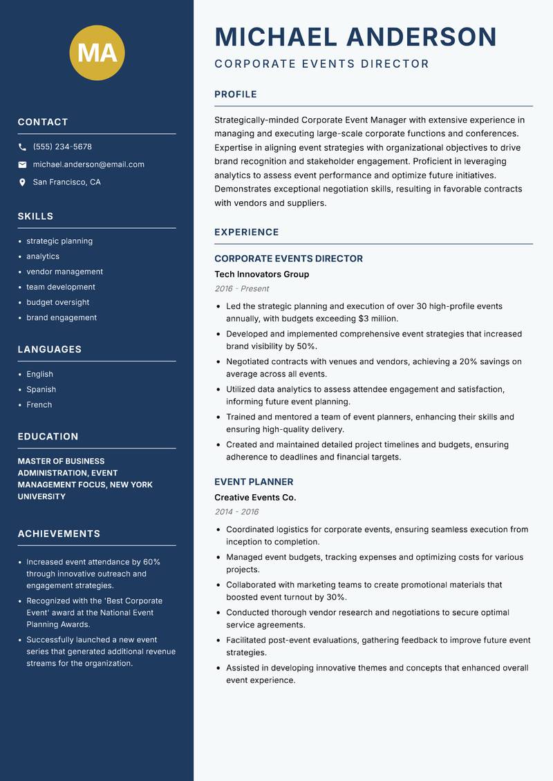 Corporate Event Manager resume template — Classic Clean